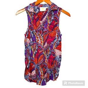 Maeve for Anthro Bright Colored Mandala and Floral Sleeveless Button Down Blouse